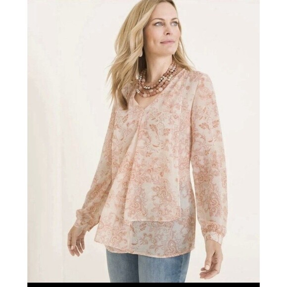 Chico’s Flounce-Front Paisley Blouse Pink Sheer Long Sleeve V-Neck Size 6 Petite - Picture 9 of 11